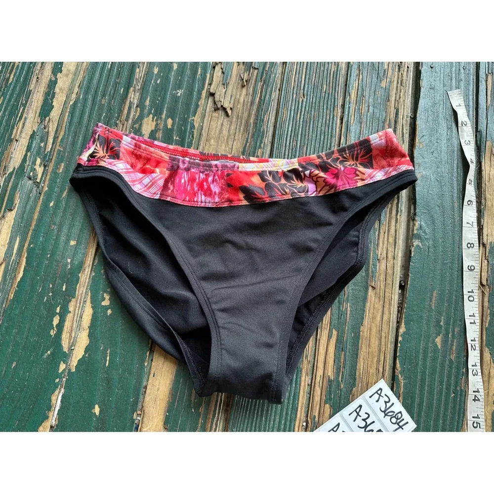 Black Bikini Bottoms with Tropical Floral Print Waistband Size Small